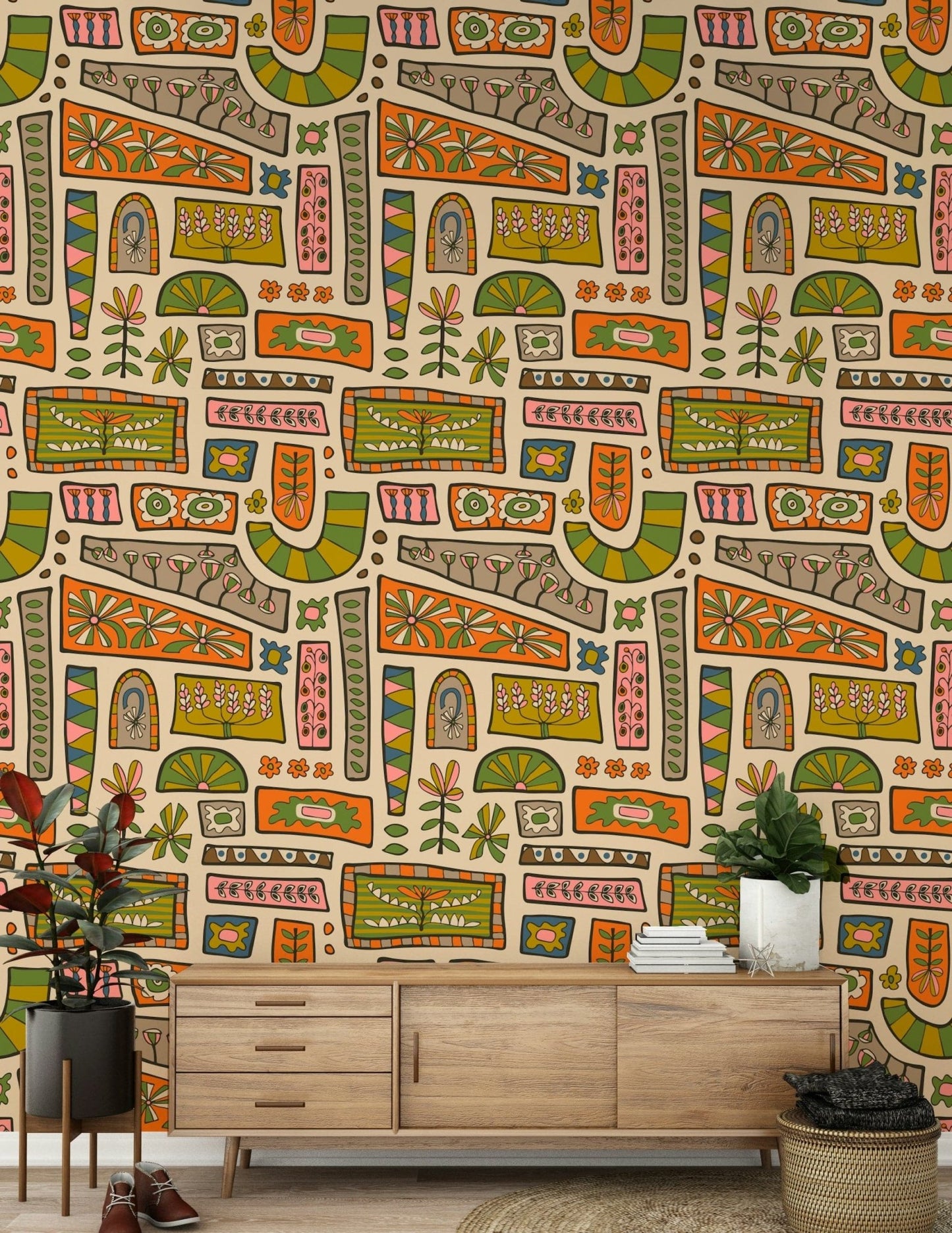 Flower Patches charming hippie wall covering, earthy colors and shapes.
