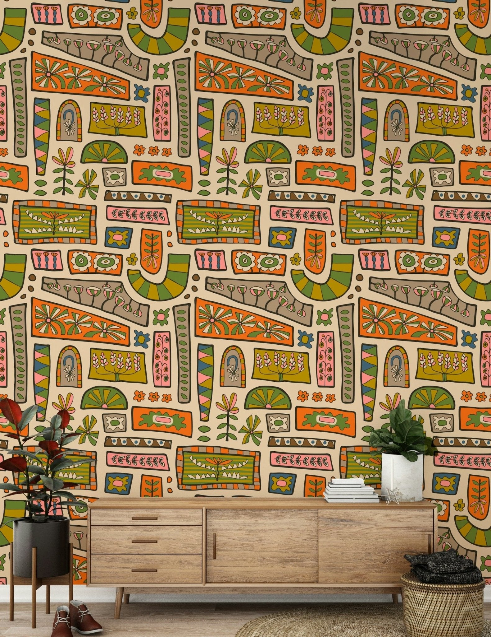 Flower Patches charming hippie wall covering, earthy colors and shapes.