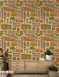 Flower Patches charming hippie wall covering, earthy colors and shapes.