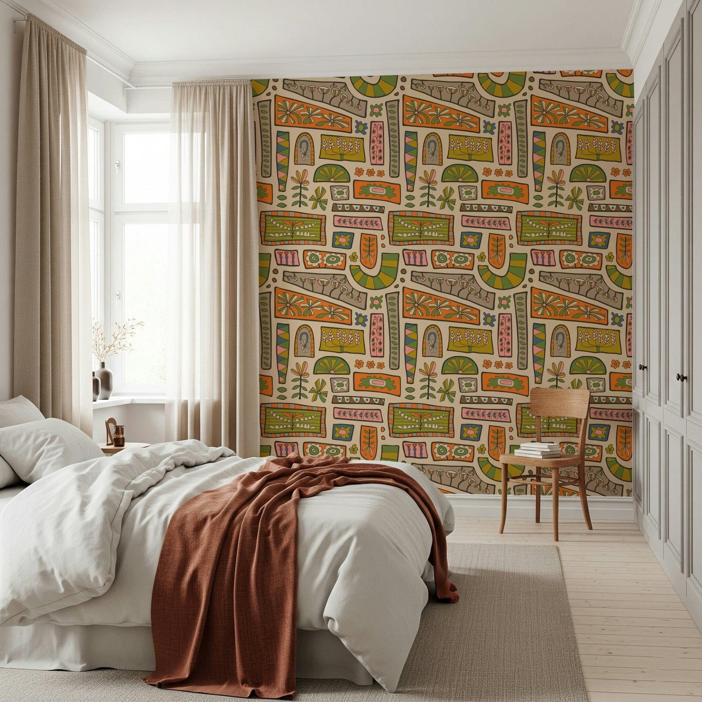Warm Earth Tones wall mural, vibrant 70s inspired floral blocks.