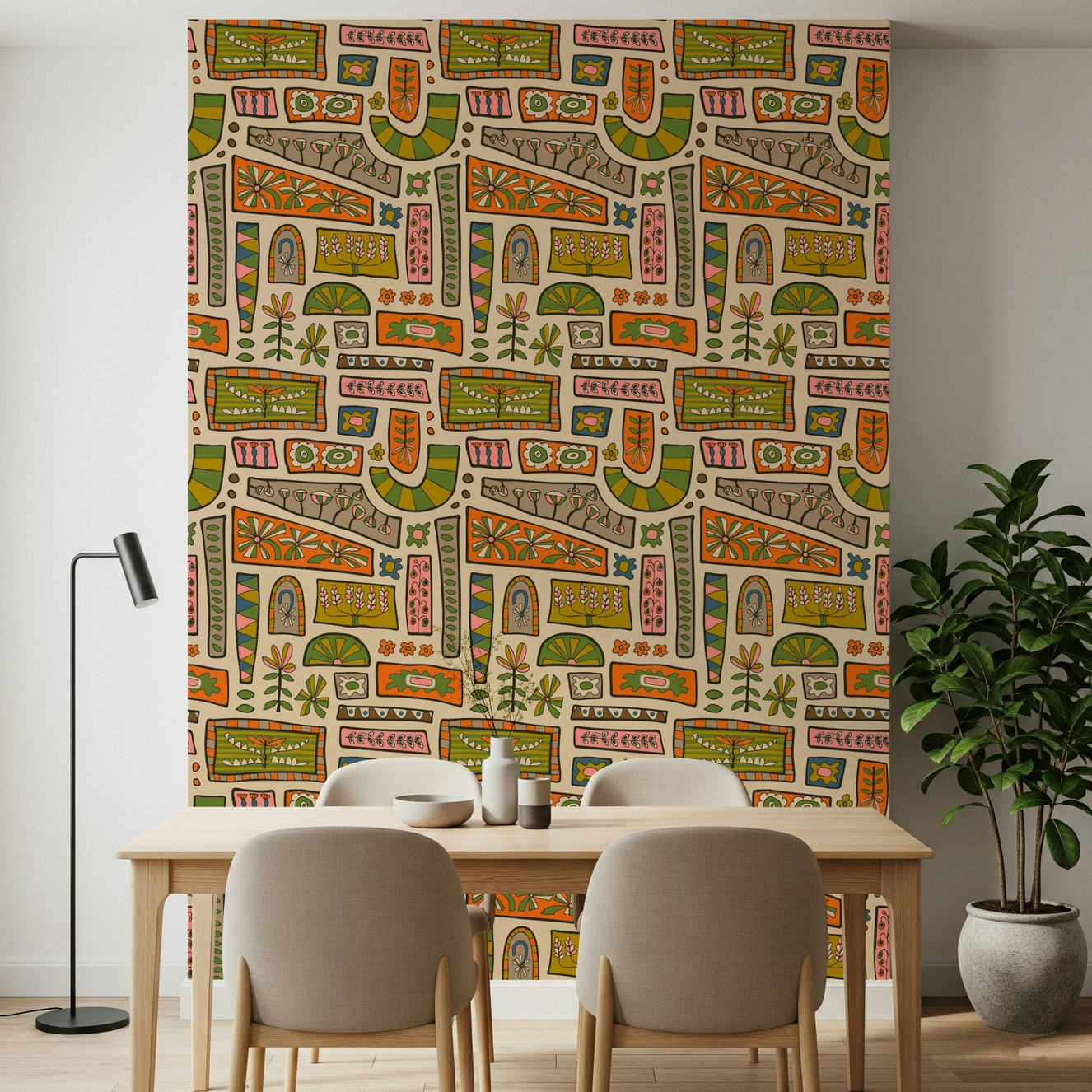 Flower Patches Bohemian Mod Patchwork wallpaper for walls, groovy geometric design.