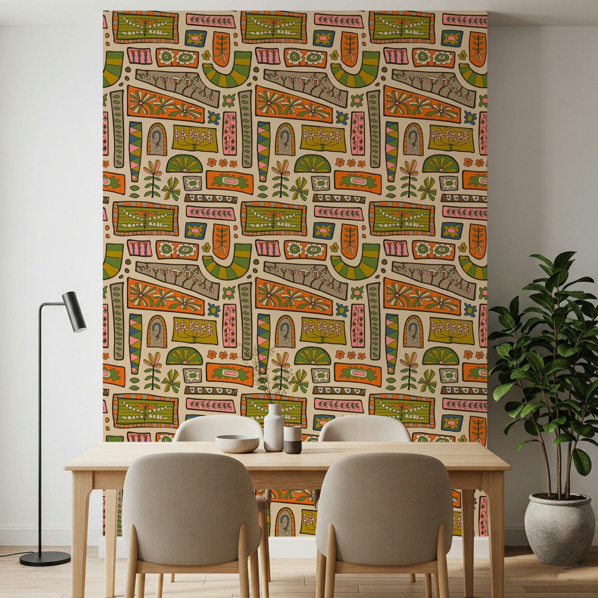 Flower Patches Bohemian Mod Patchwork wallpaper for walls, groovy geometric design.