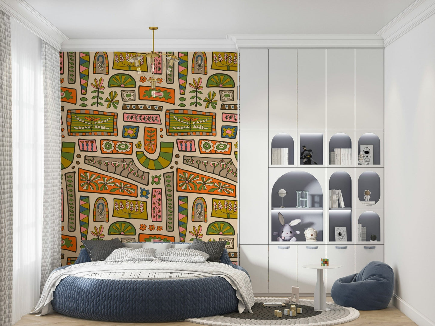 Warm Earth Tones wallpaper for walls, sunny geometric botanical artwork.