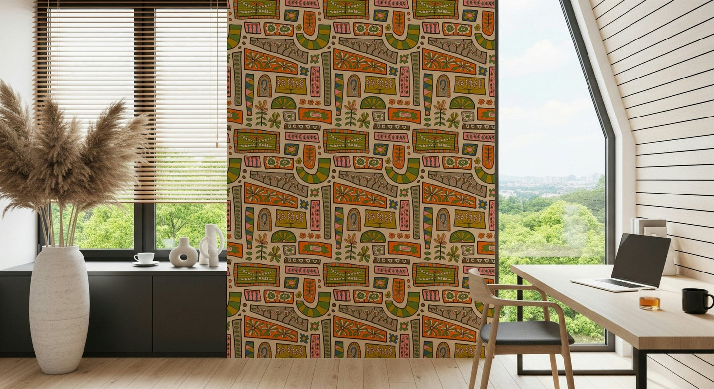 Warm Earth Tones decorative blocks, mid-century modern flower wall pattern.
