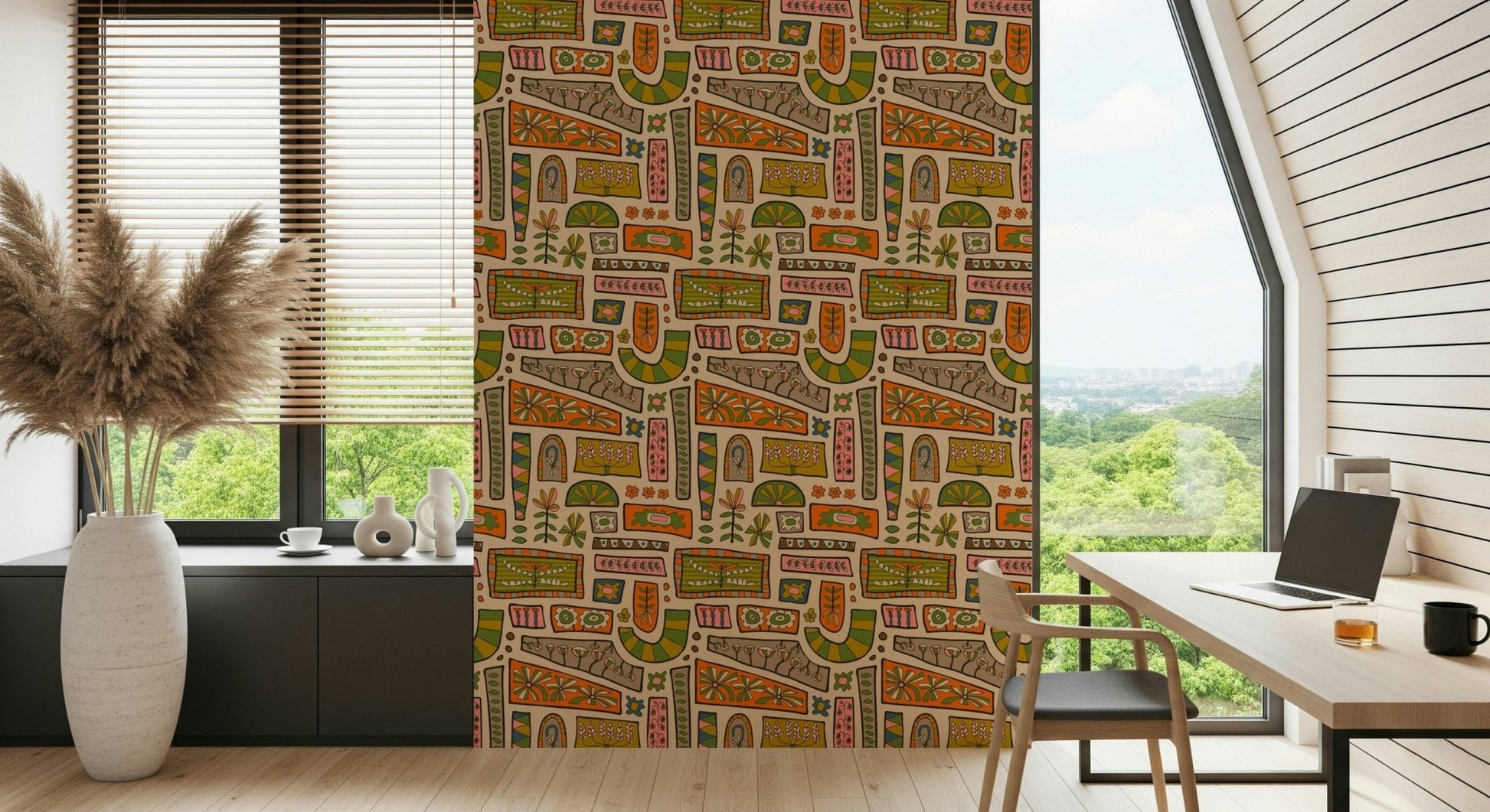 Warm Earth Tones decorative blocks, mid-century modern flower wall pattern.