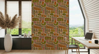 Warm Earth Tones decorative blocks, mid-century modern flower wall pattern.