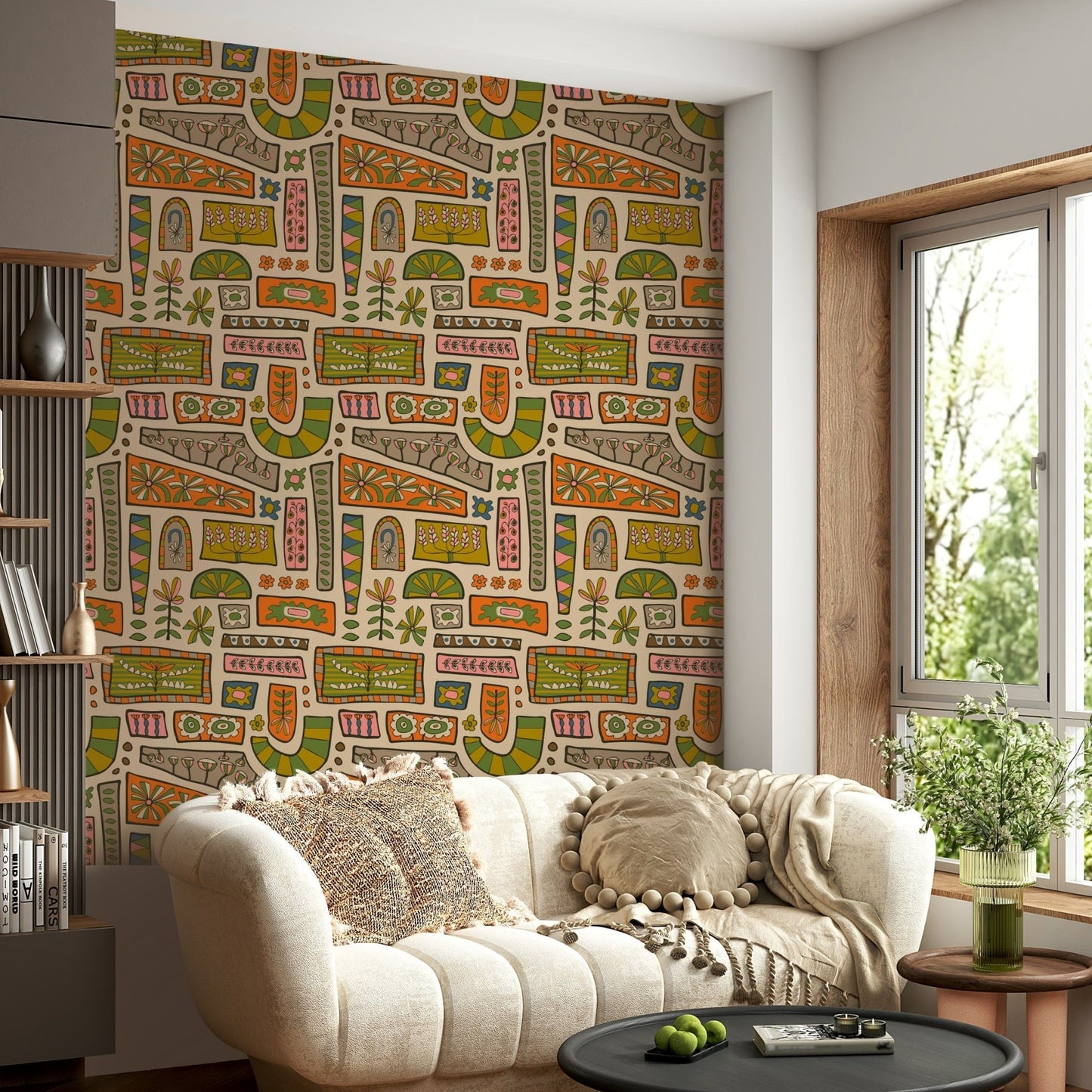 Peel and stick Flower Patches mural, retro maximalist pattern.