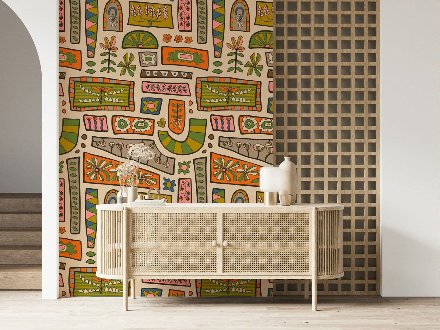 Bohemian Mod Patchwork wall art, whimsical seventies design.