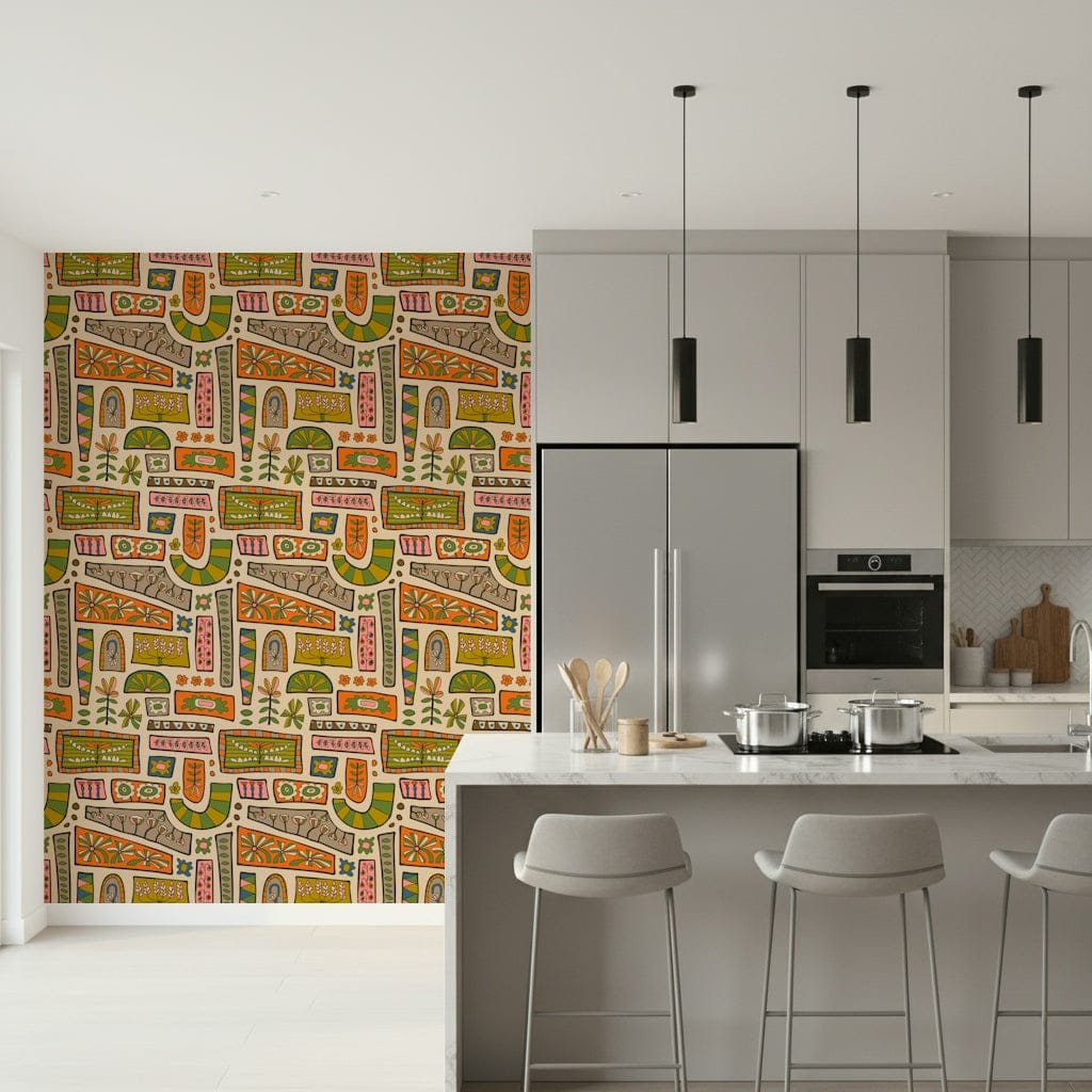 Mod Patchwork colorful wall decor, groovy abstract boho style.