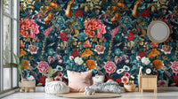 Elegant wallpaper with dark flowers and leaves