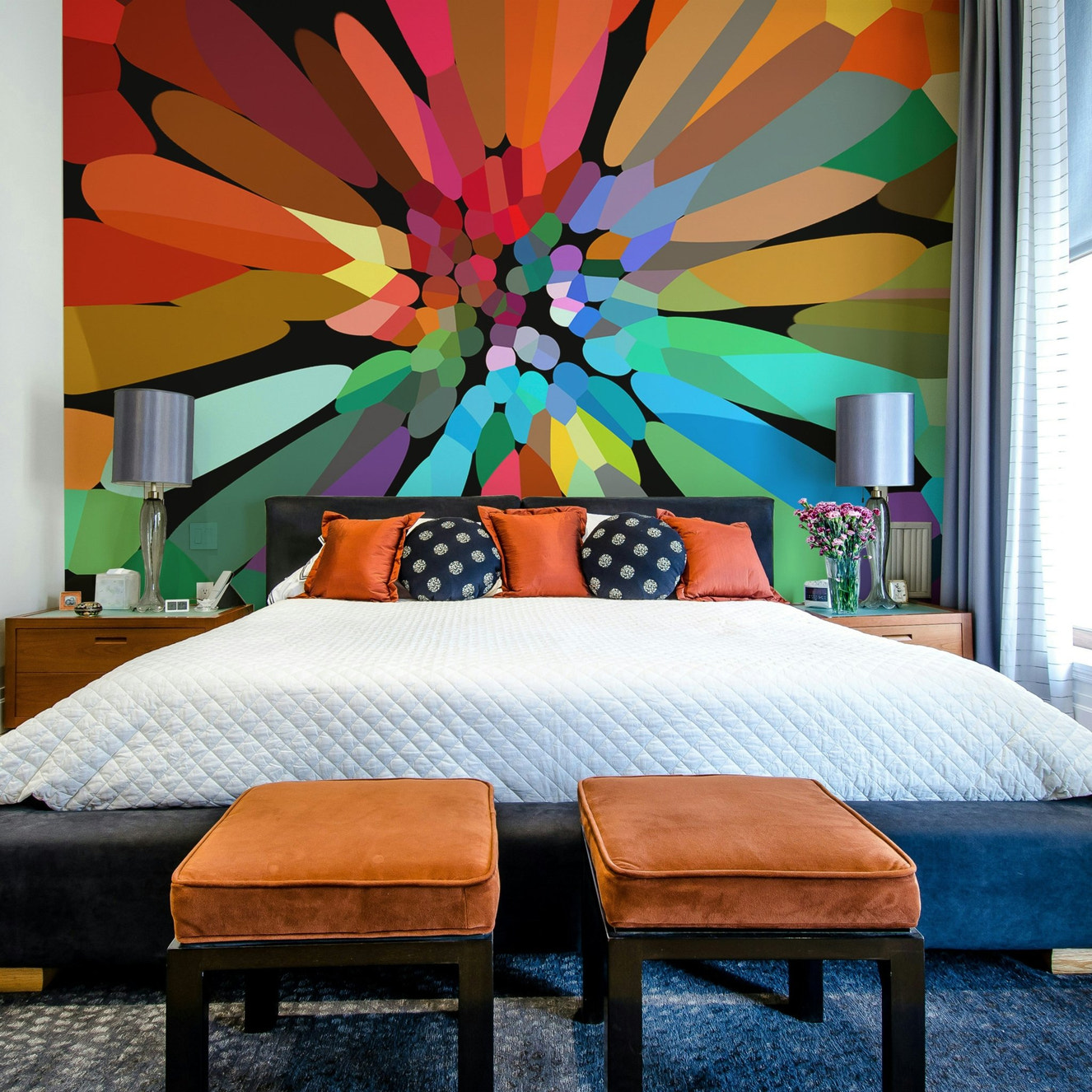 Elegant flower wall mural with blooming pink roses

