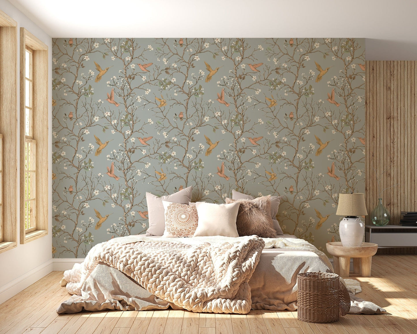 Retro wallpaper with birds and blossoms