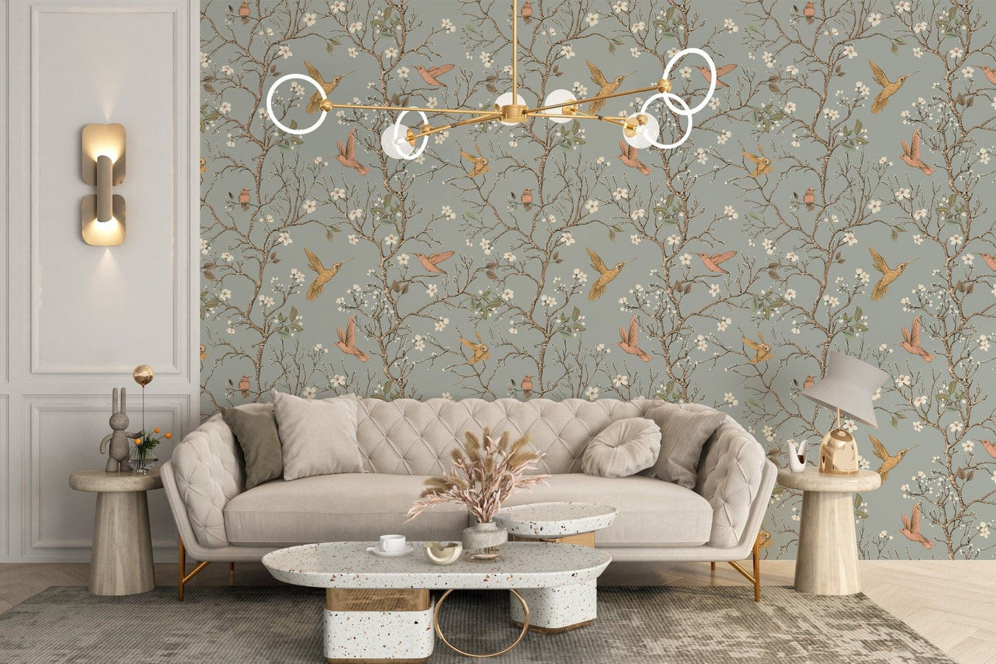 Hummingbirds in a floral wallpaper design