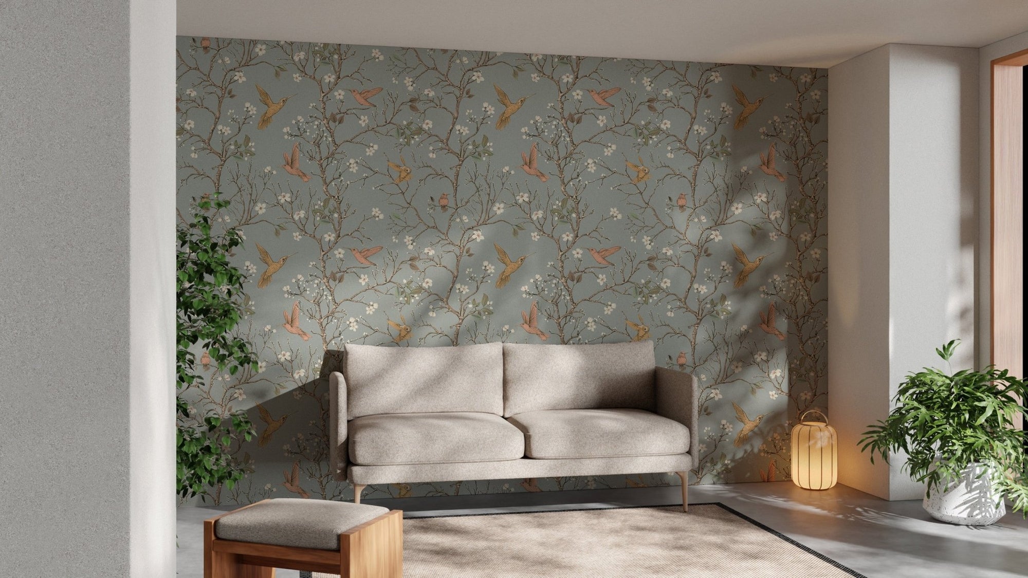Birds perched in a retro floral wallpaper B082