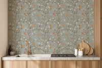 Delicate bird and flower retro wallpaper