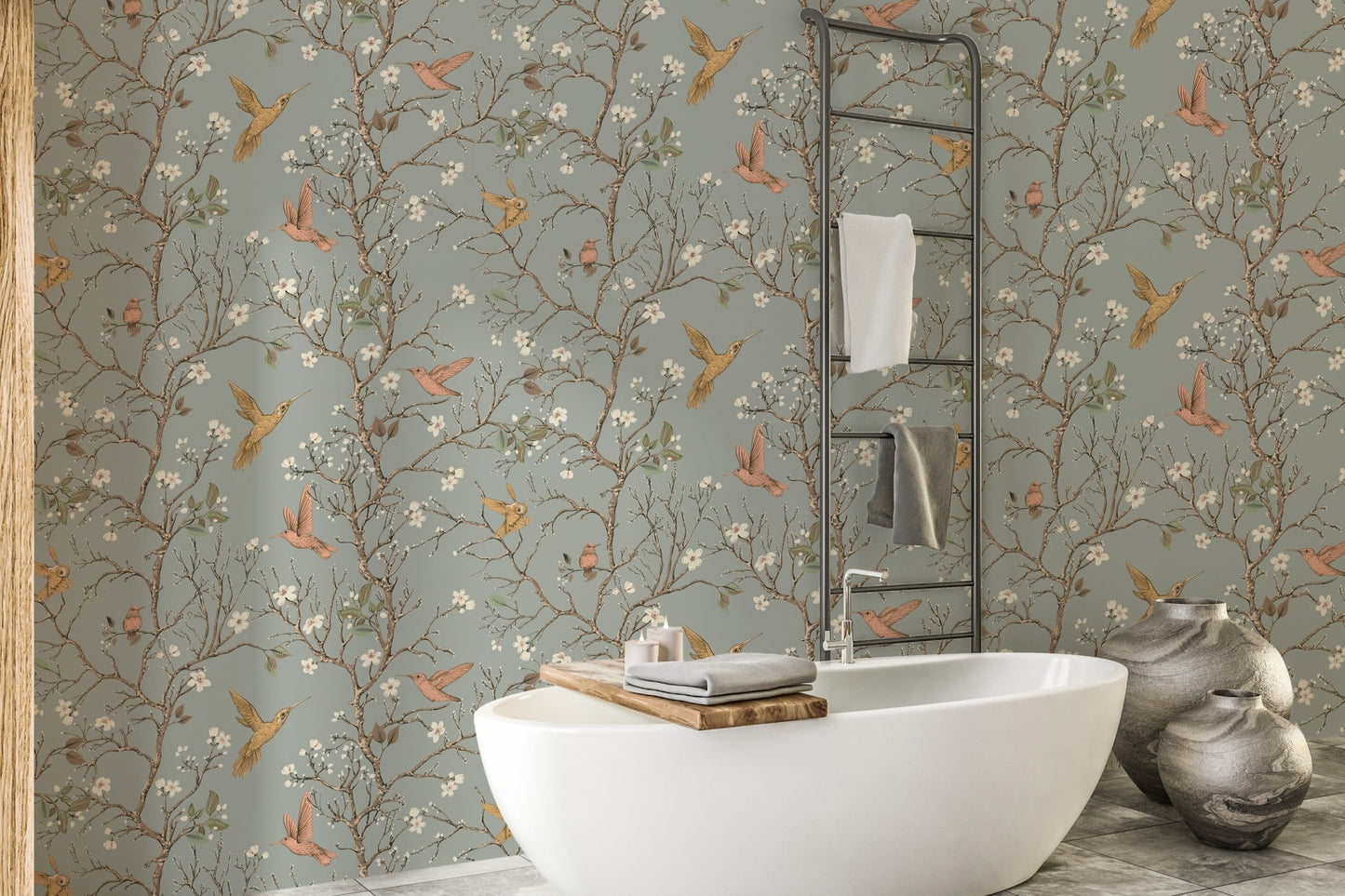 Classic floral wallpaper with hummingbirds