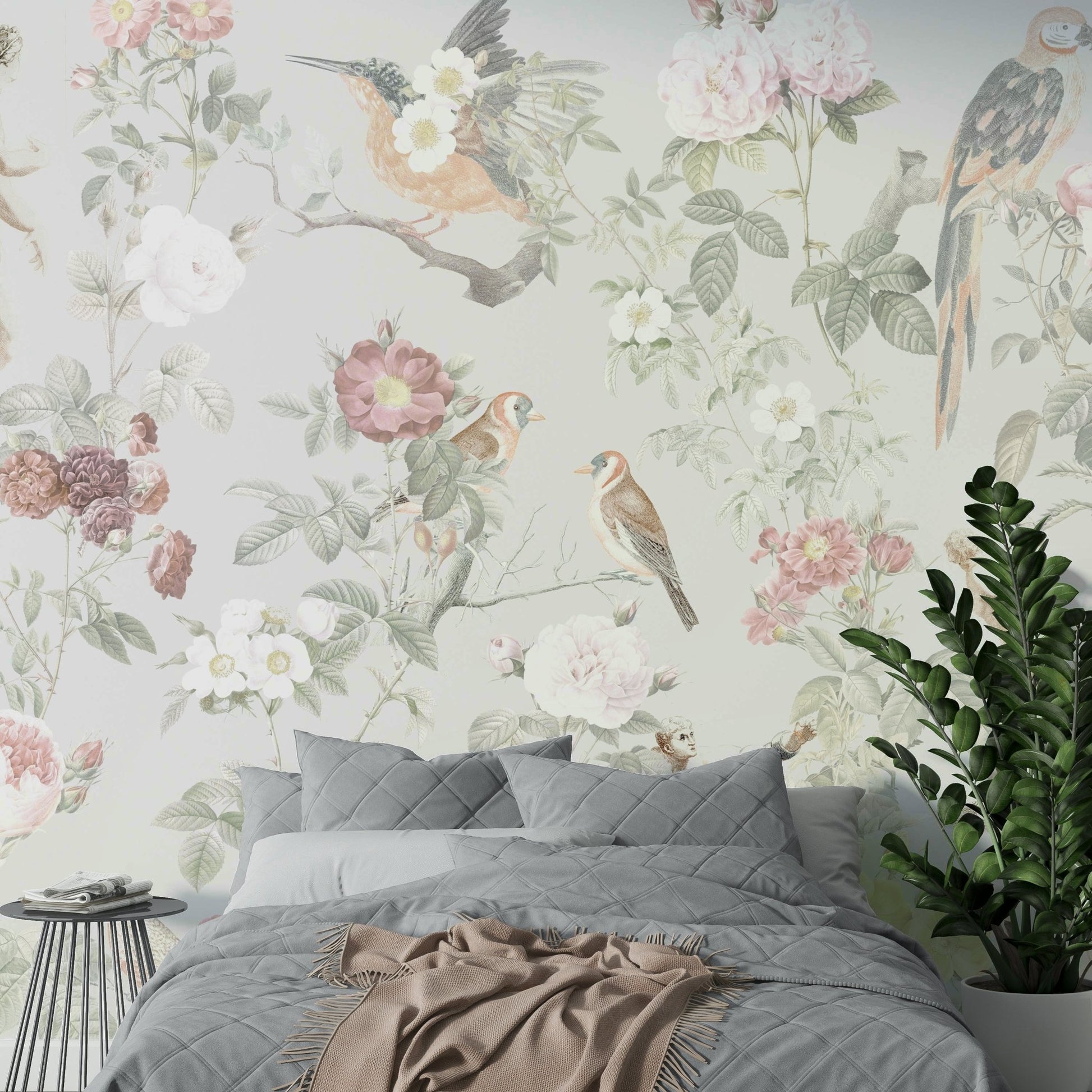 Soft botanical blooms on wall

