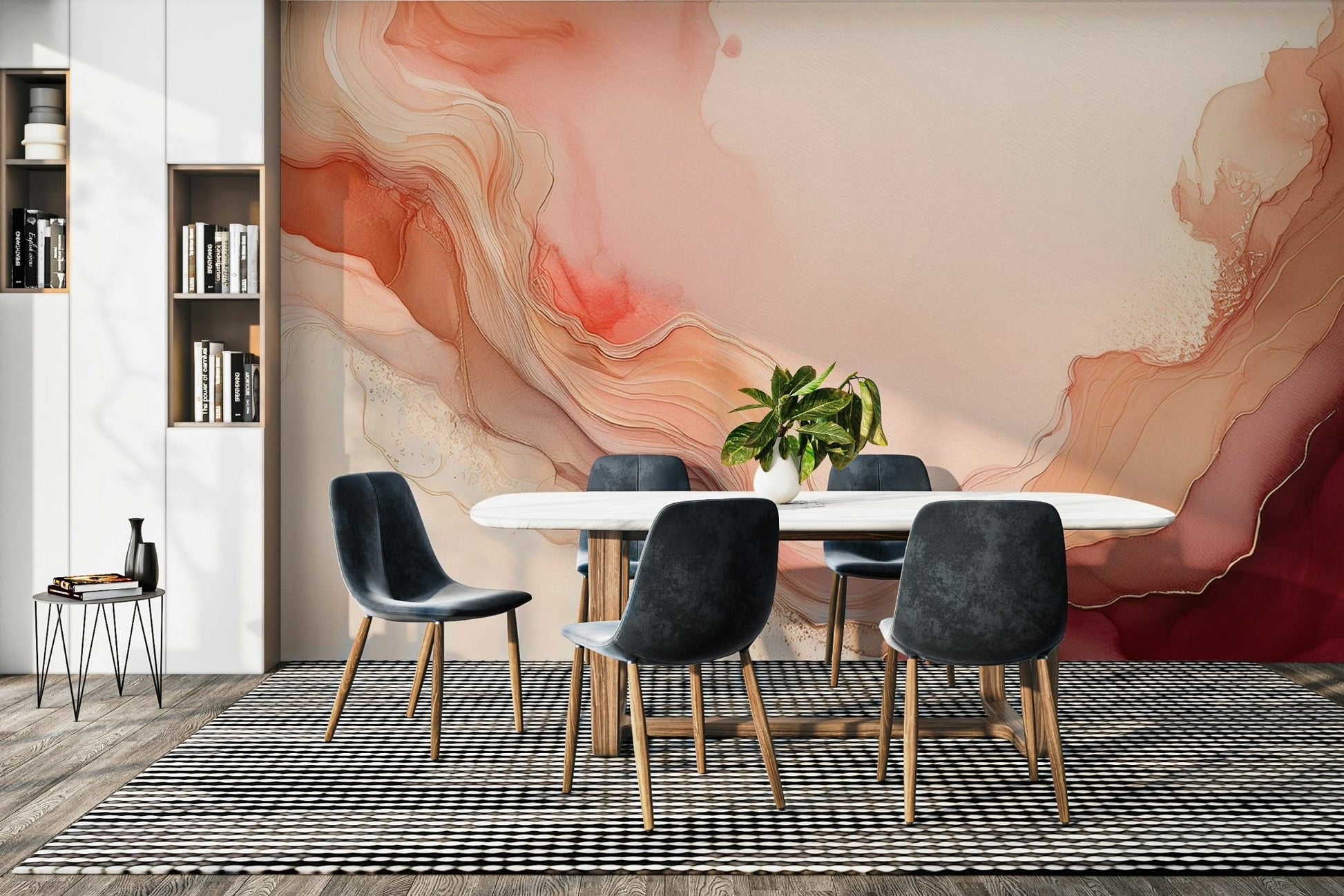 Abstract coral-themed wall mural in bedroom decor

