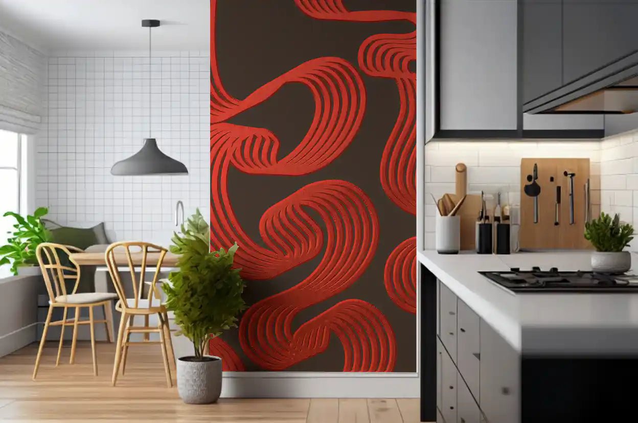 Up close, multi-stroke red ribbons twist over a deep brown wall mural
GD9494
