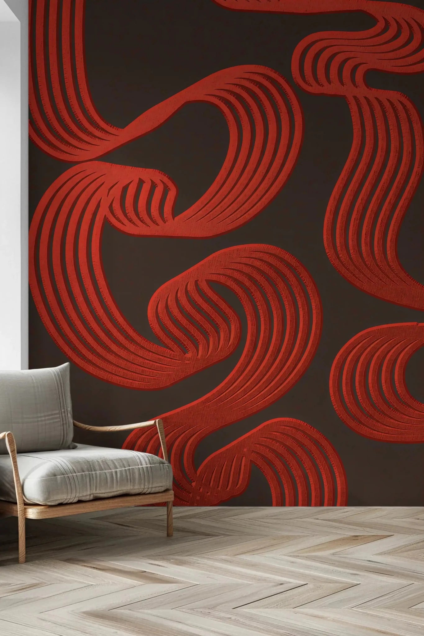 Notice how parallel red lines layer into ribbon-like waves on the wall muralGD9494
