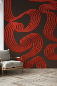 Notice how parallel red lines layer into ribbon-like waves on the wall muralGD9494