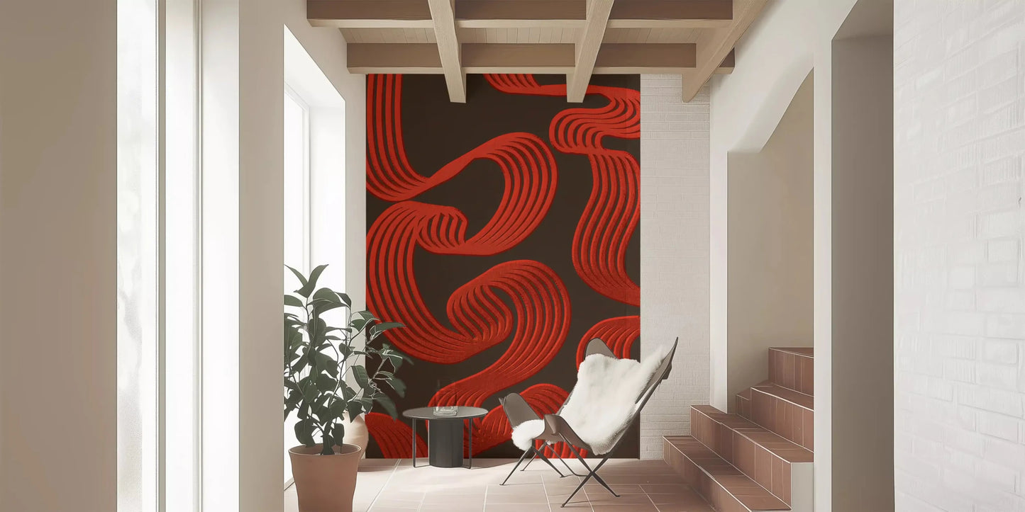 Walking through the hallway, the dark wall mural with red ribbons grabs the eyeGD9494