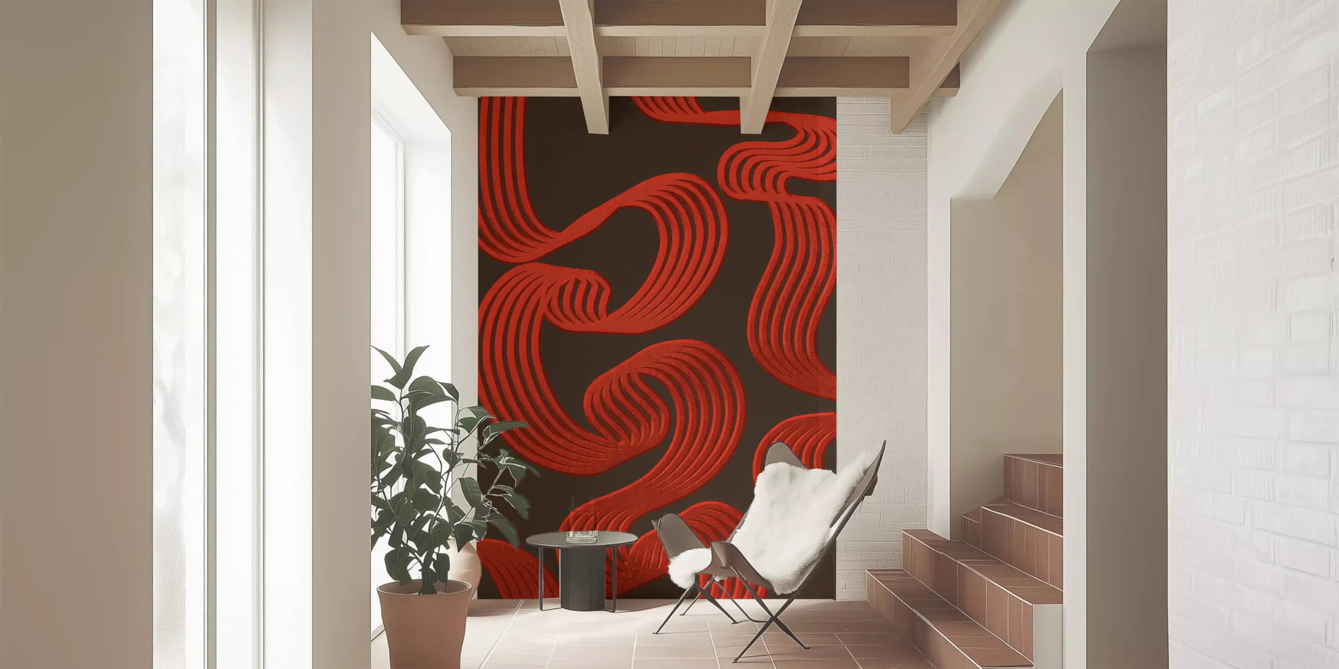 Walking through the hallway, the dark wall mural with red ribbons grabs the eyeGD9494