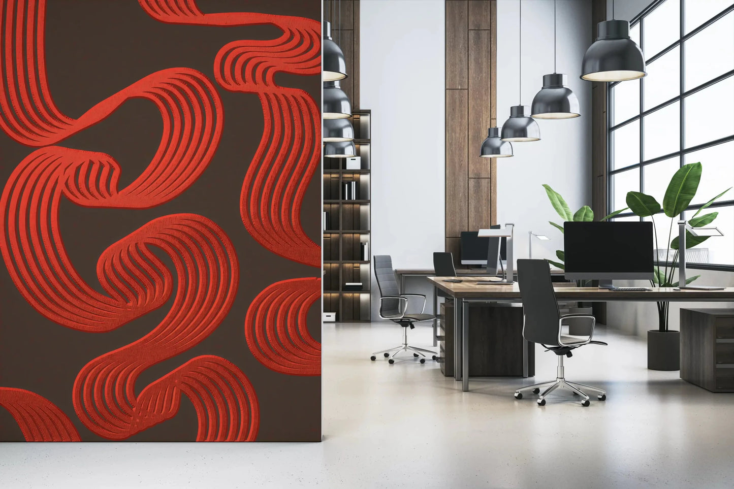 office workplace with red ribbon waves on the wall mural GD9494