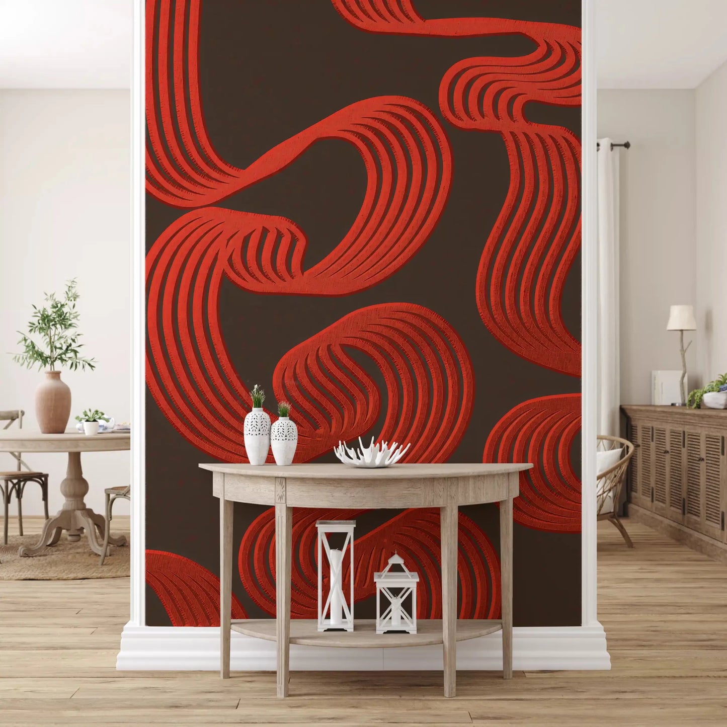 Hallway set against bold red curves on this dark abstract wall mural
GD9494
