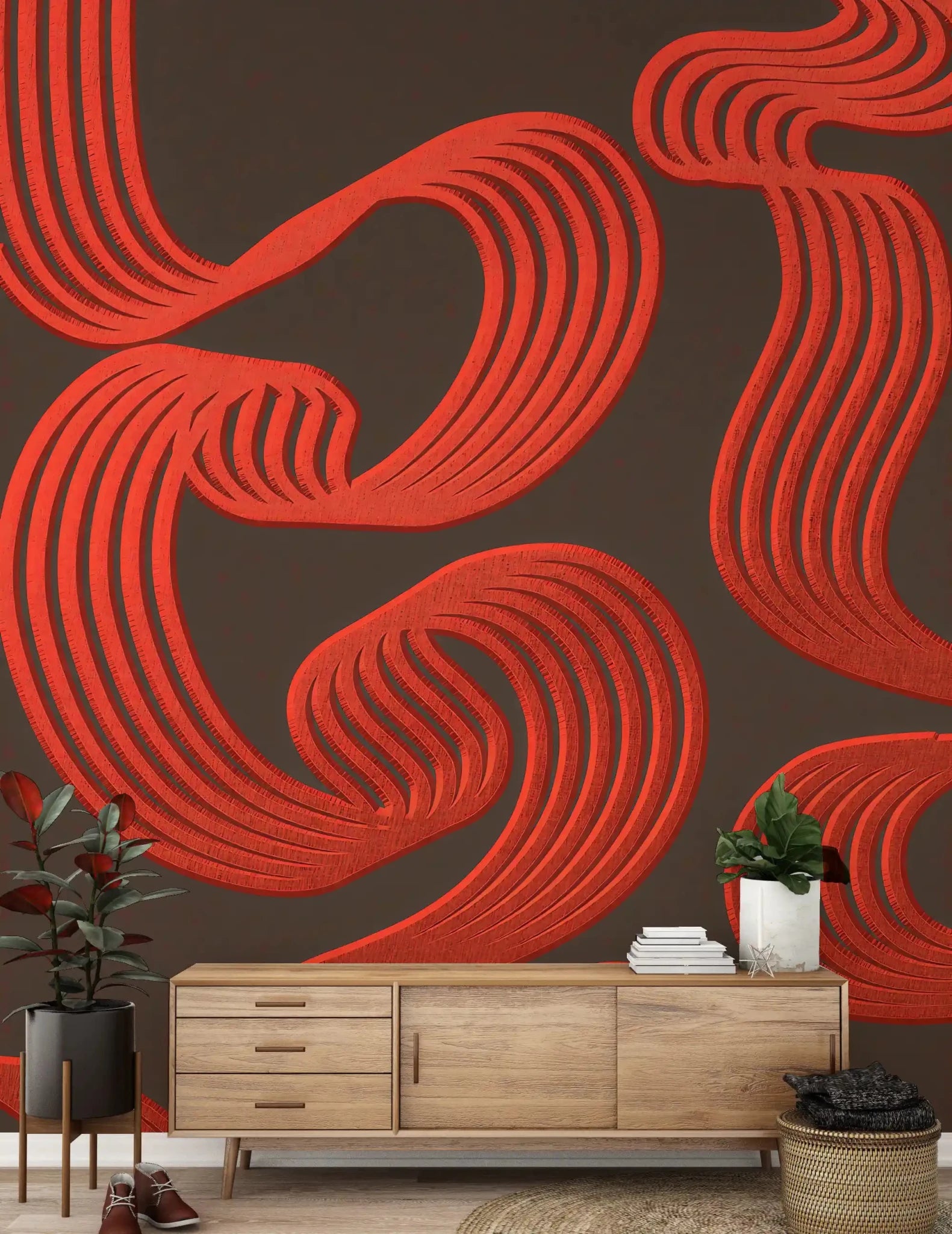 Sharp red against espresso brown creates the contrast in this Flowing Ember wall muralGD9494