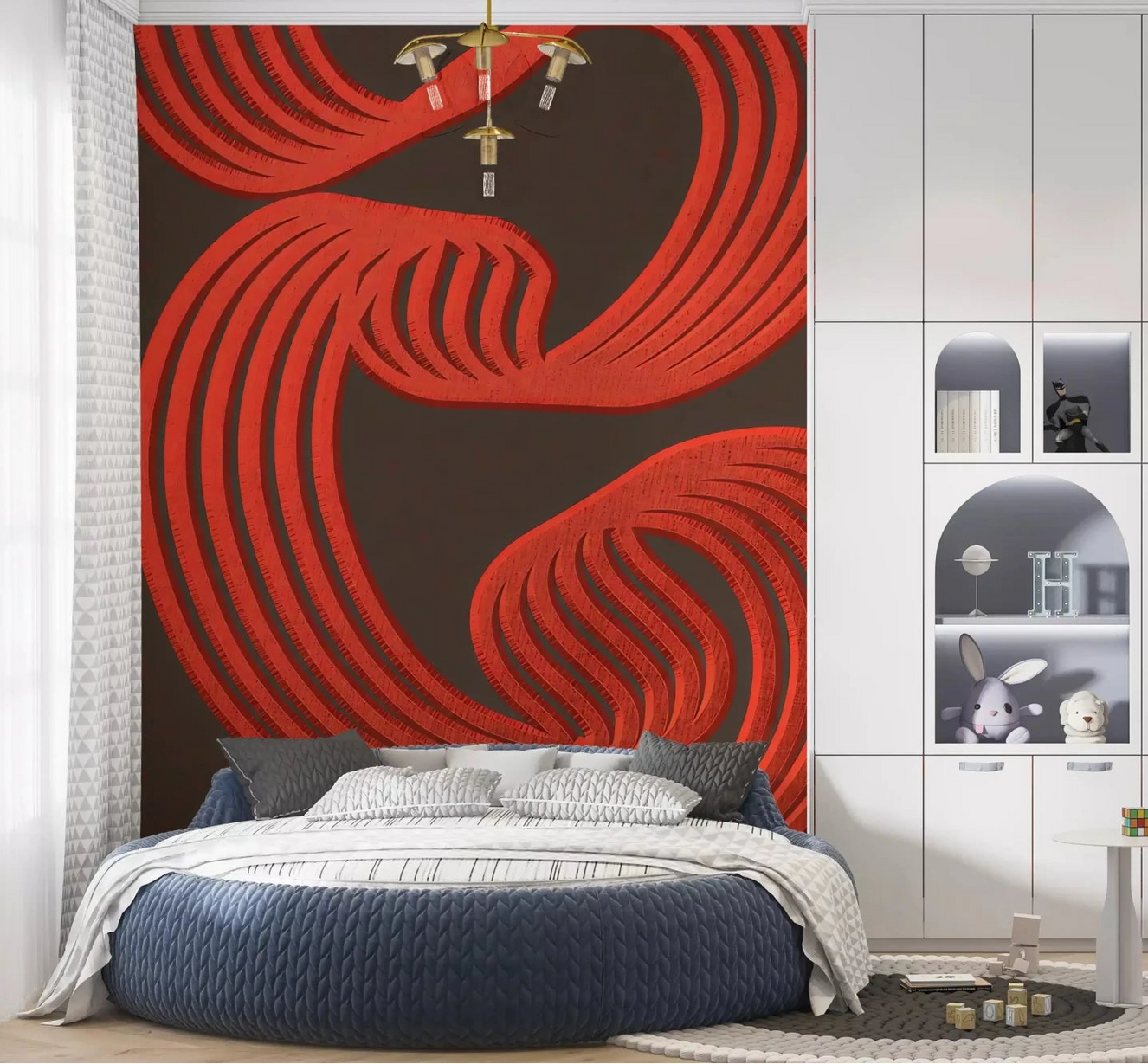 Inside the bedroom, bold red curves take over on this Flowing Ember Lines wall muralGD9494