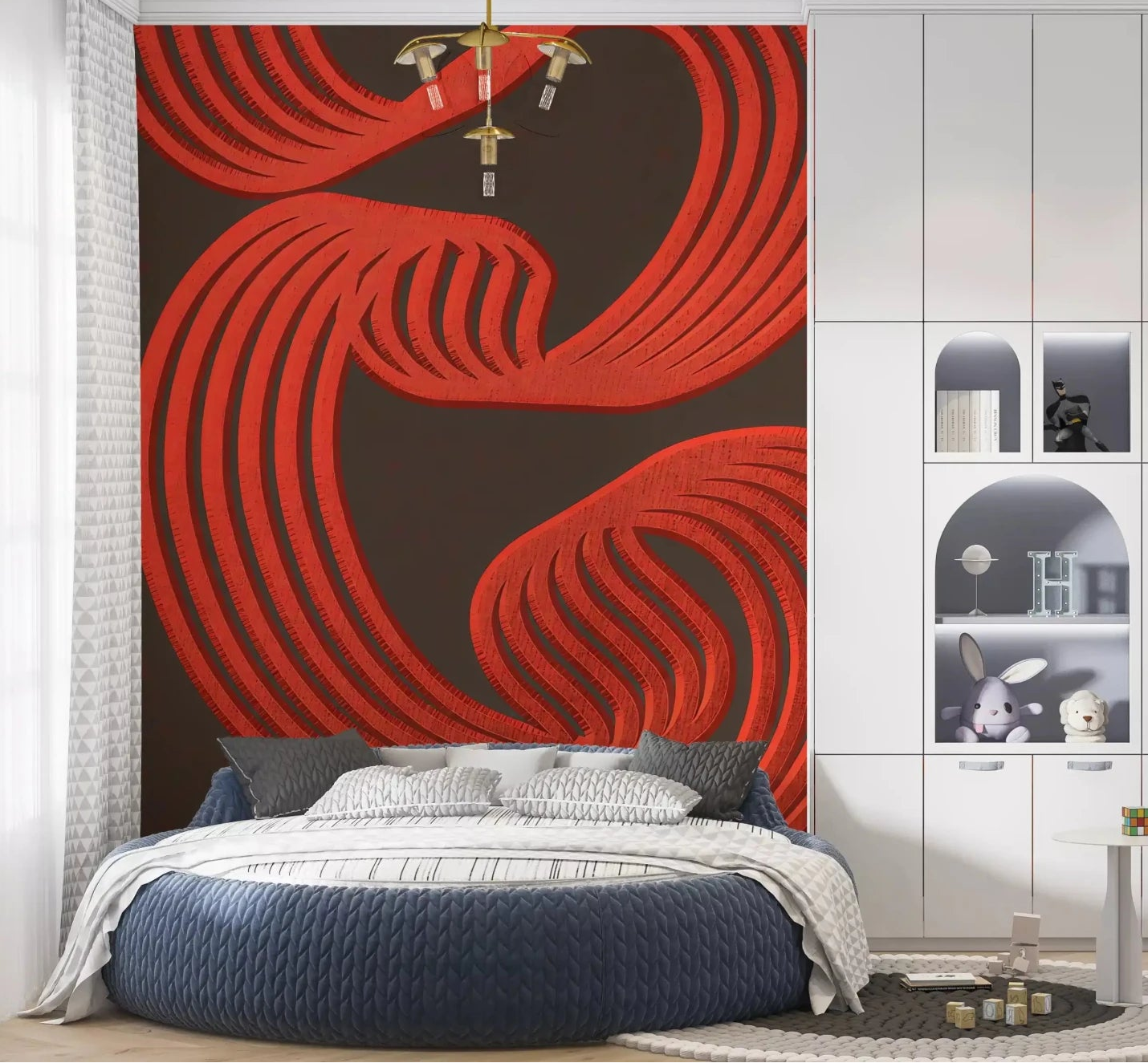 Inside the bedroom, bold red curves take over on this Flowing Ember Lines wall muralGD9494