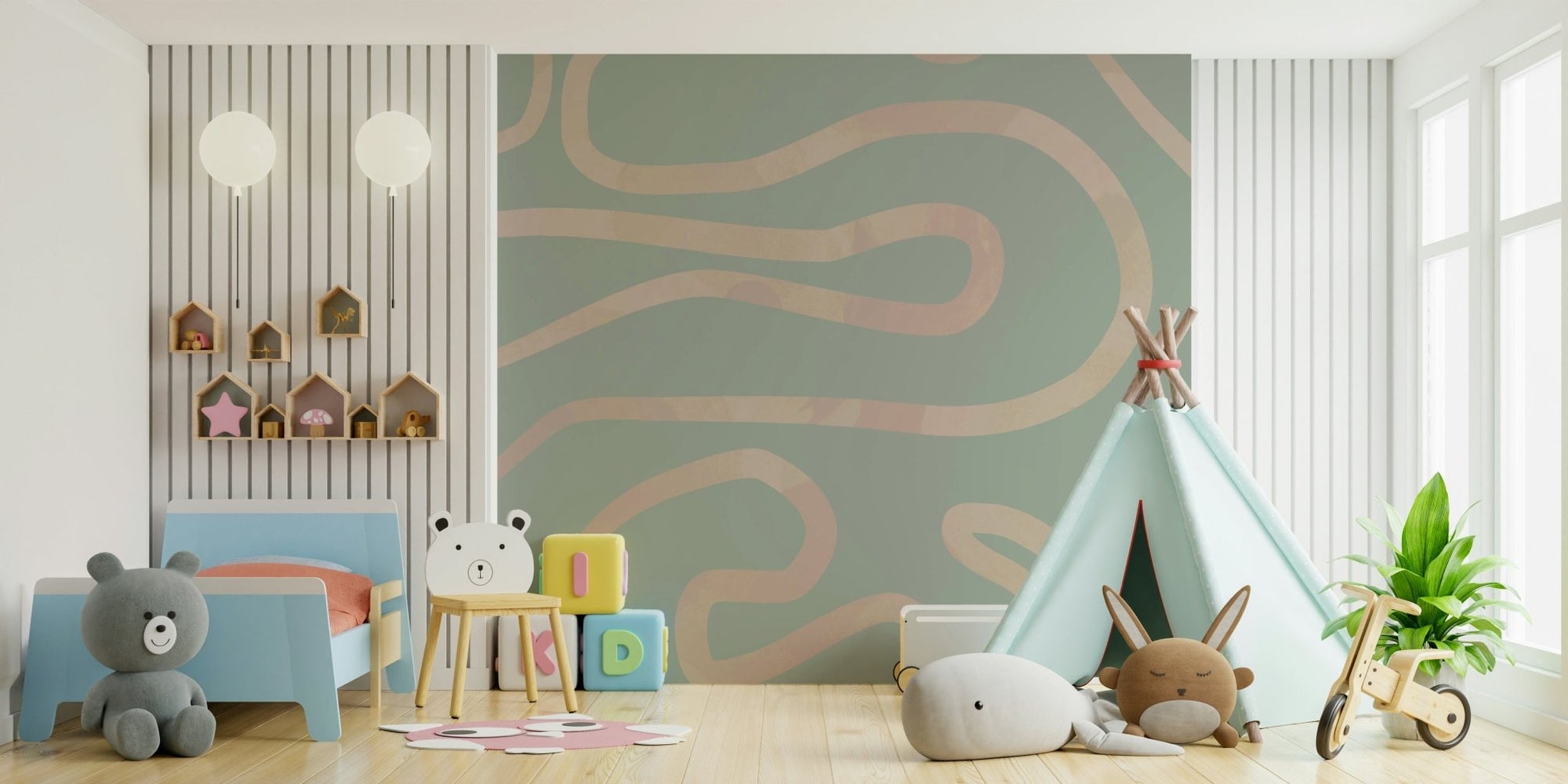 Serene Flowing Lines Green minimalist curved wall mural design., GD6999