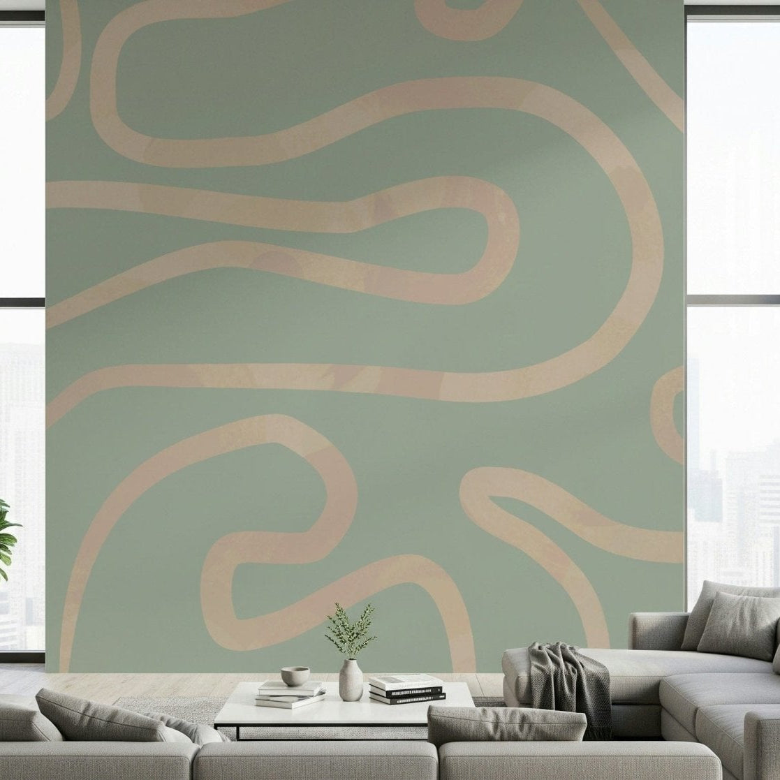 Flowing Lines Green abstract cool flowing accent wall paper., GD6999