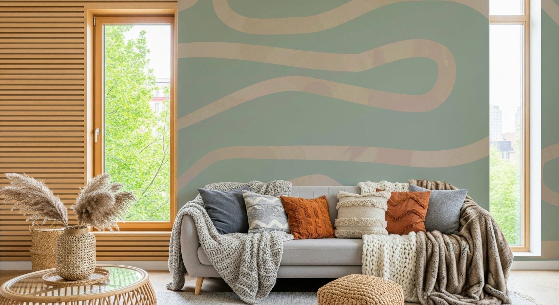 Flowing Lines Green calm pastel contemporary wallpaper pattern home., GD6999