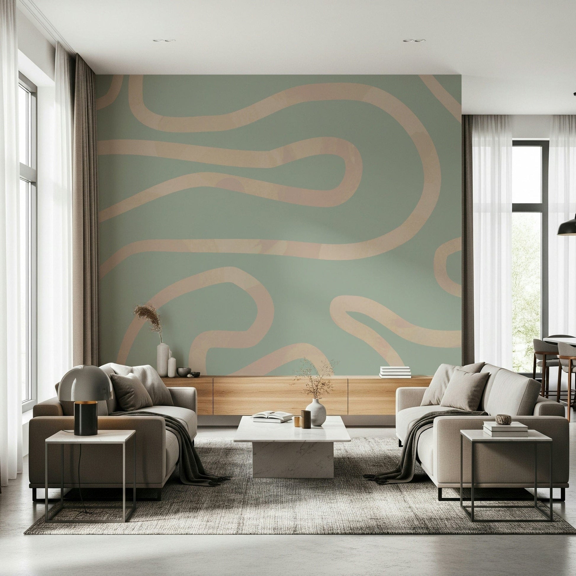Flowing Lines Green stylish smooth loops wall covering mural look., GD6999