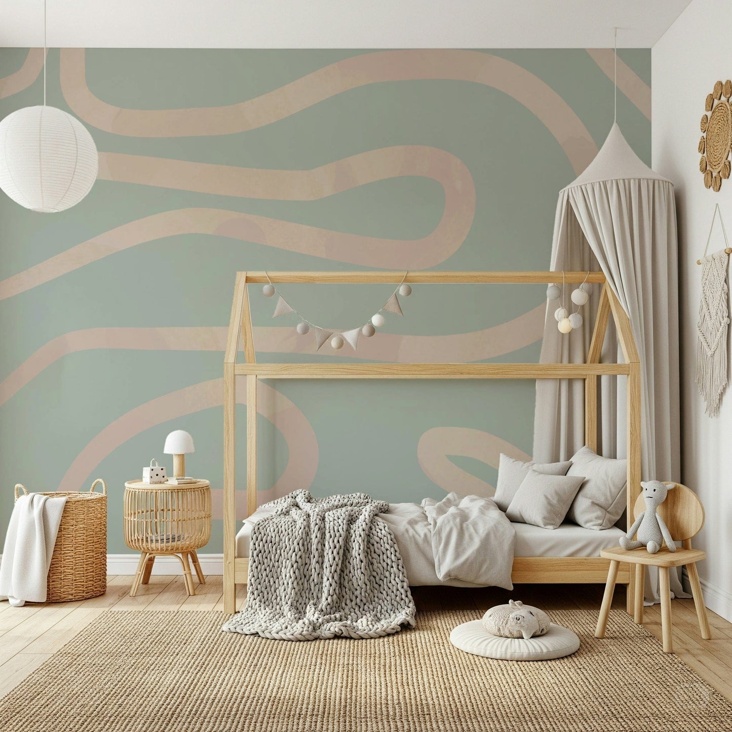Gentle Flowing Lines Green natural artwork home interior wallpaper., GD6999