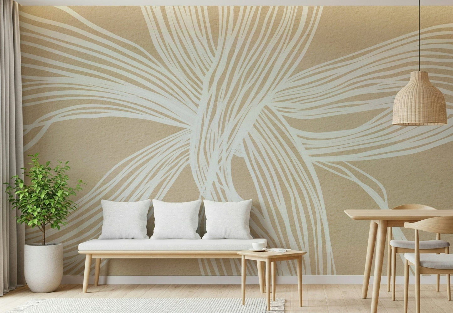 Neutral abstract mural, white line drawing, sophisticated interior design choice.