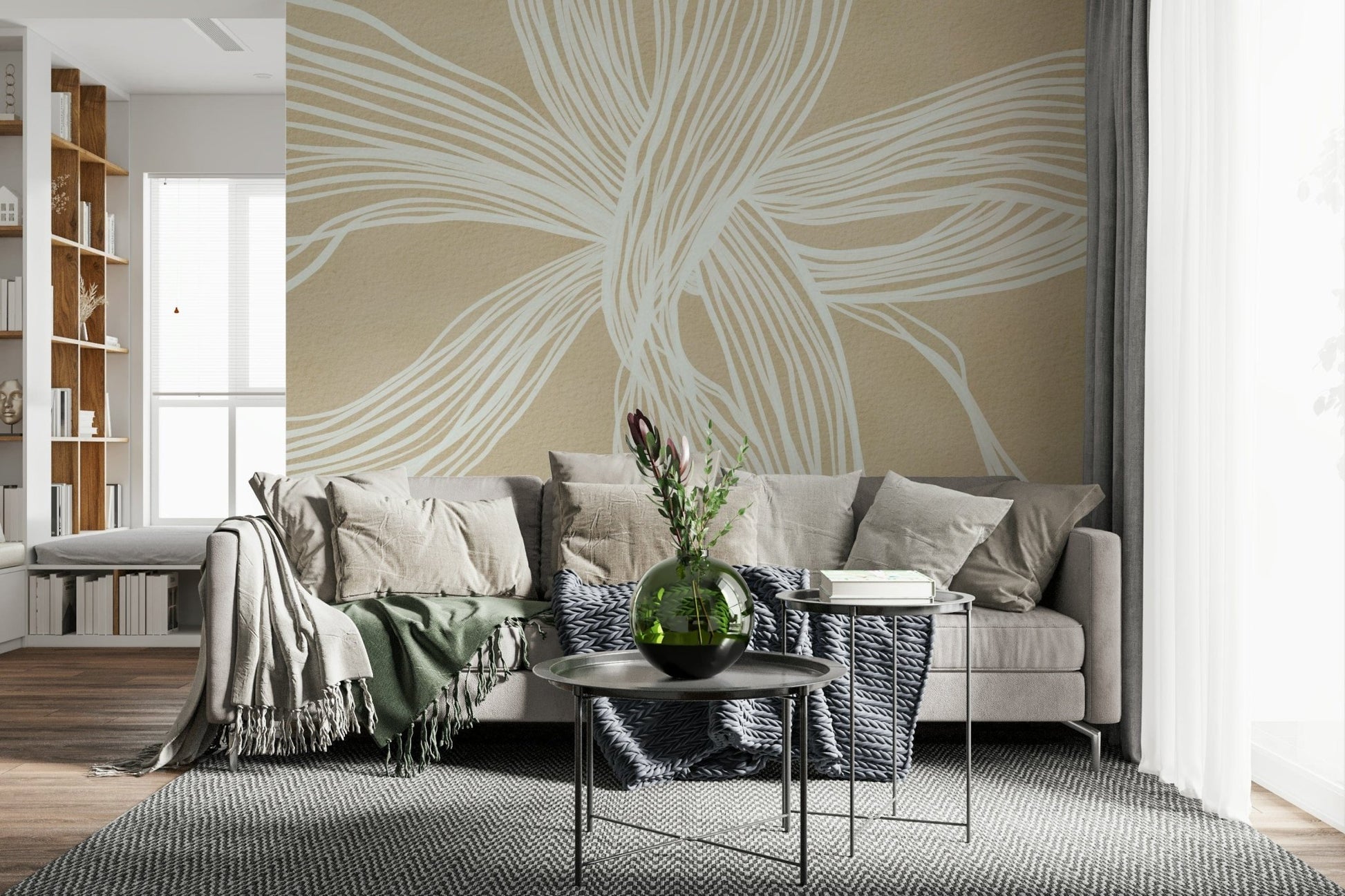 Tan backdrop, dynamic white pattern, Flowing Lines Wall Mural, clean aesthetic.