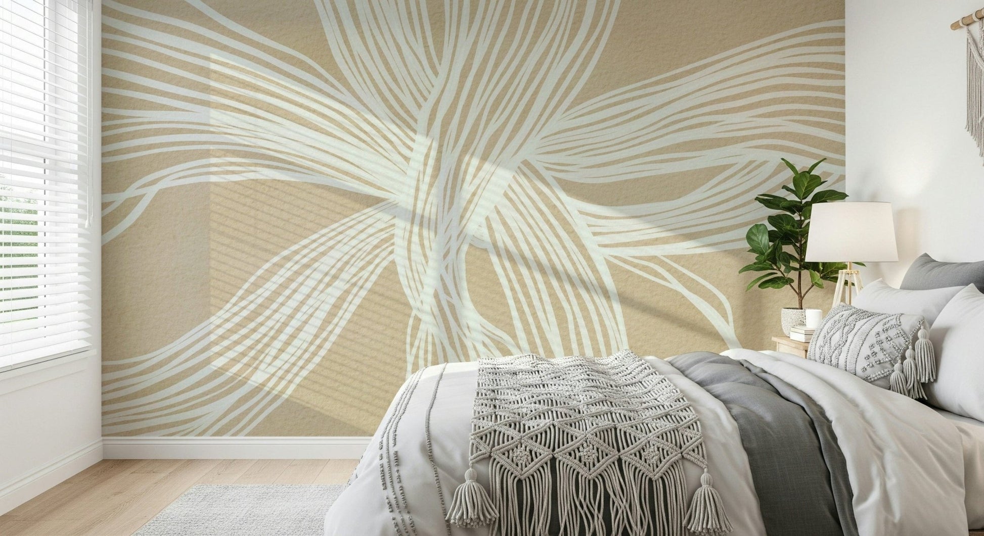 Flowing Lines Wall Mural, abstract white pattern, natural woven texture, beige.
