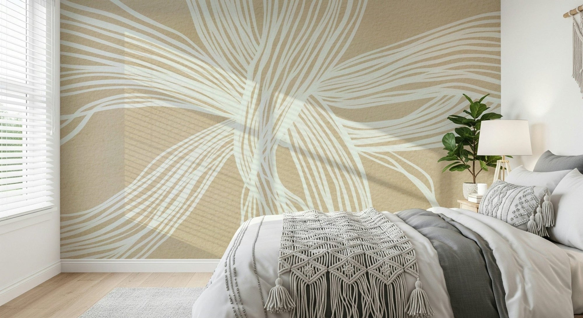 Flowing Lines Wall Mural, abstract white pattern, natural woven texture, beige., GD6781