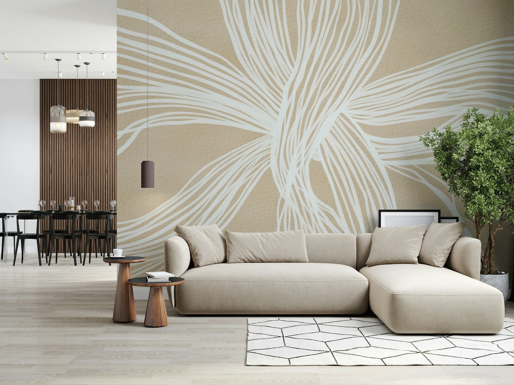 Modern aesthetic wallpaper, neutral tan background, intersecting line design art.
