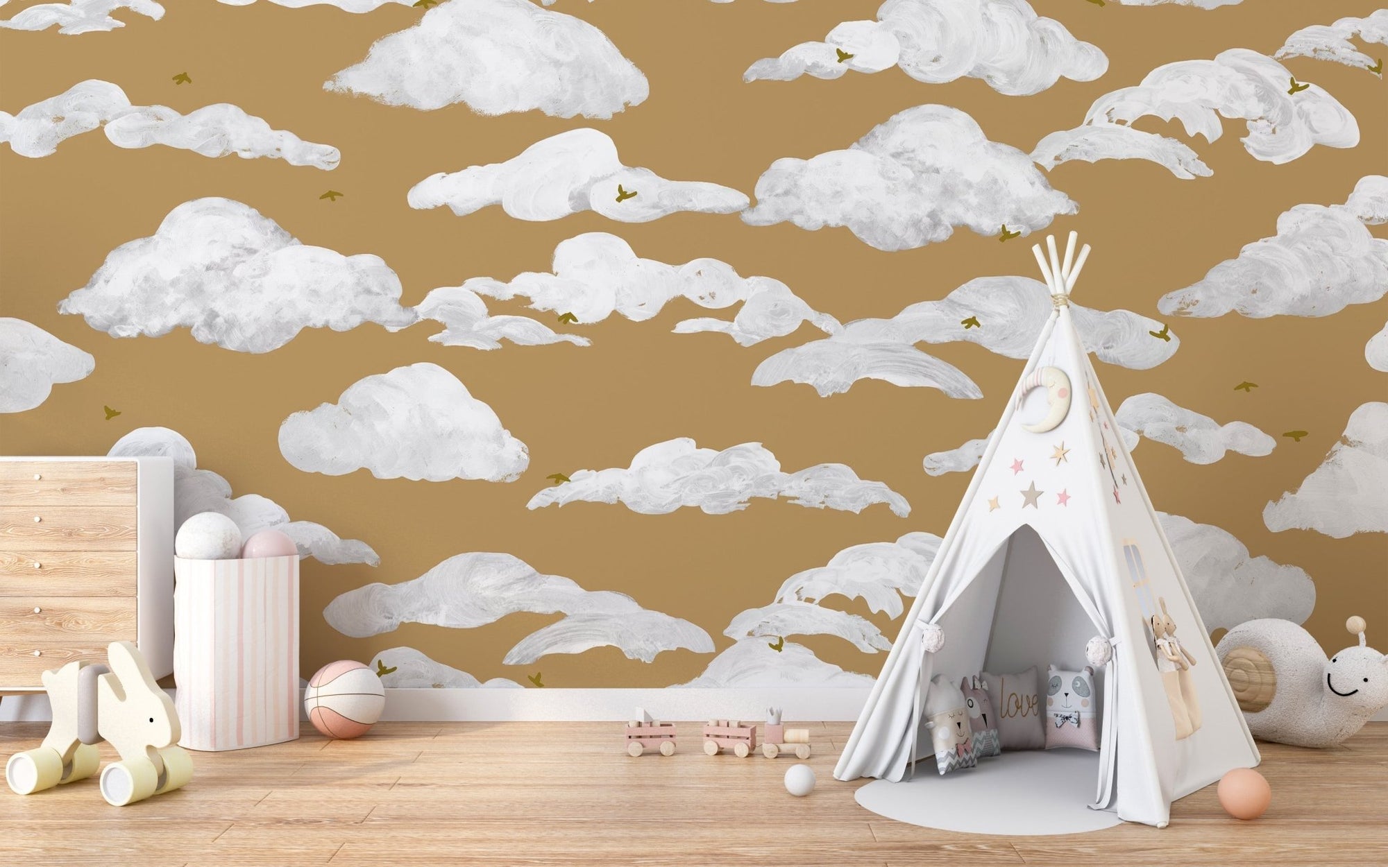 Soft fluffy clouds against golden sky wallpaper mural, C159
