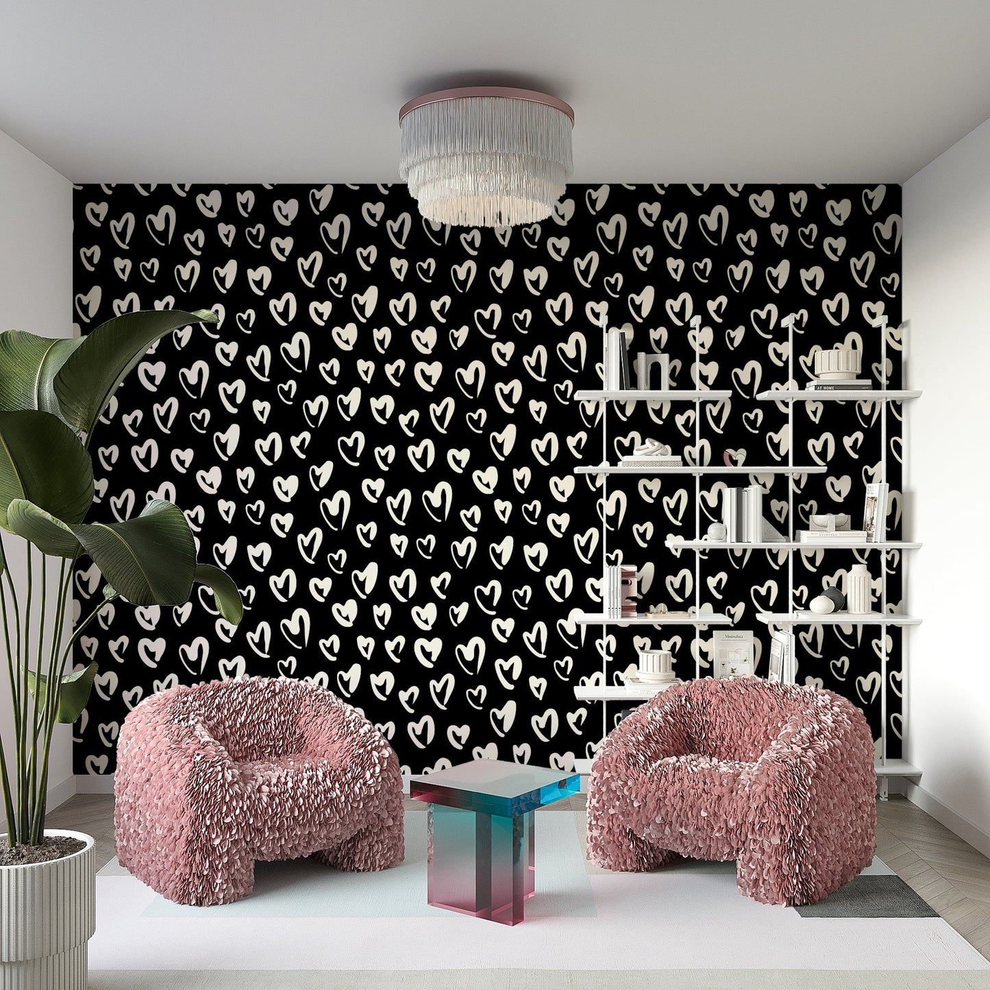 A bedroom decorated with a hearts mural

