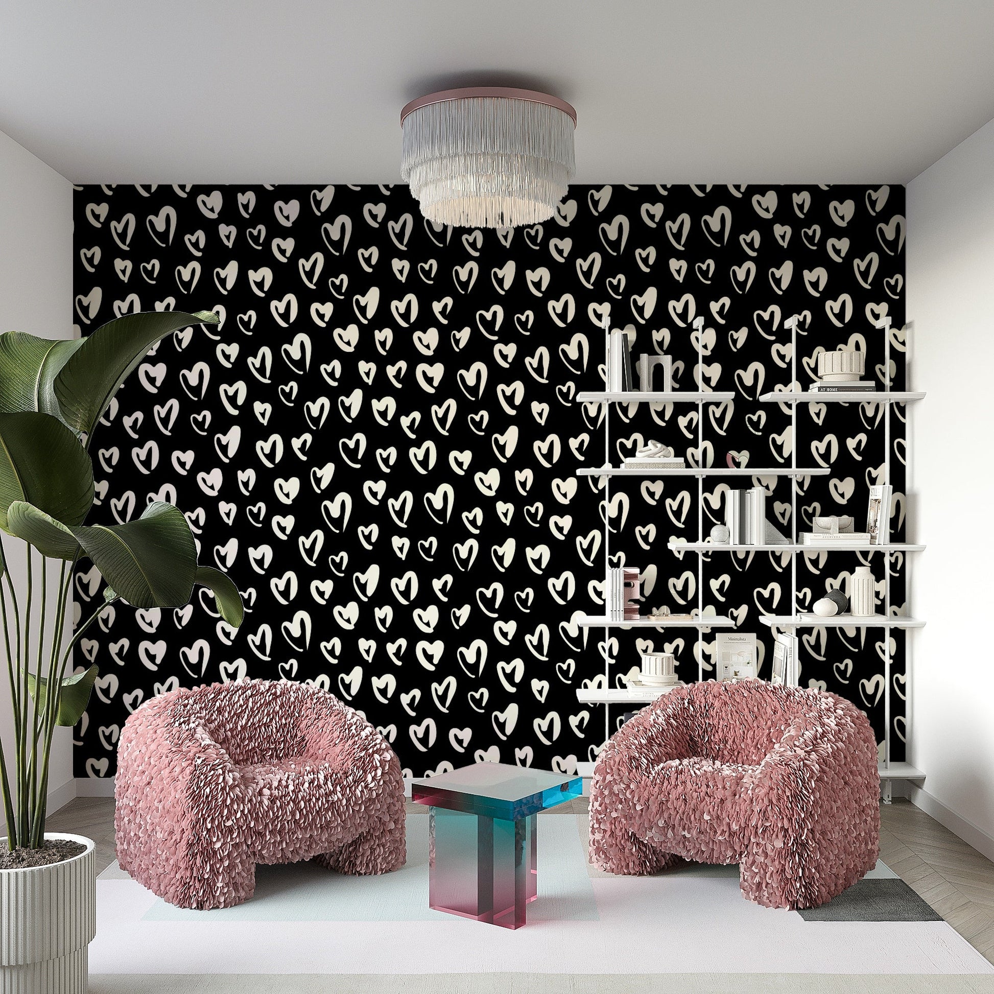 A bedroom decorated with a hearts mural

