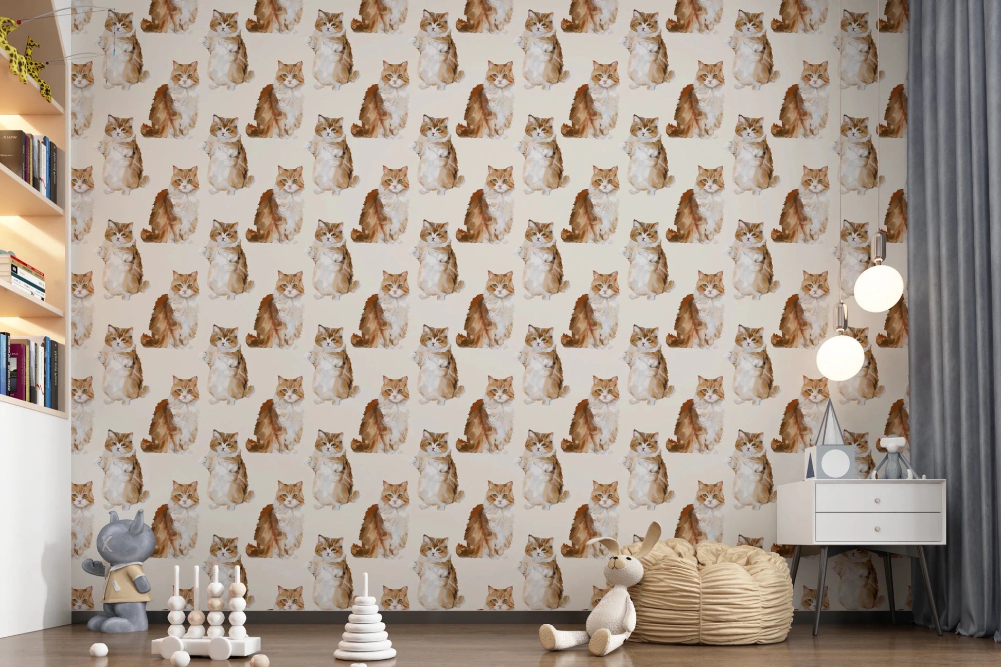 Artistic oil painting cat wallpaper for lounge areas.