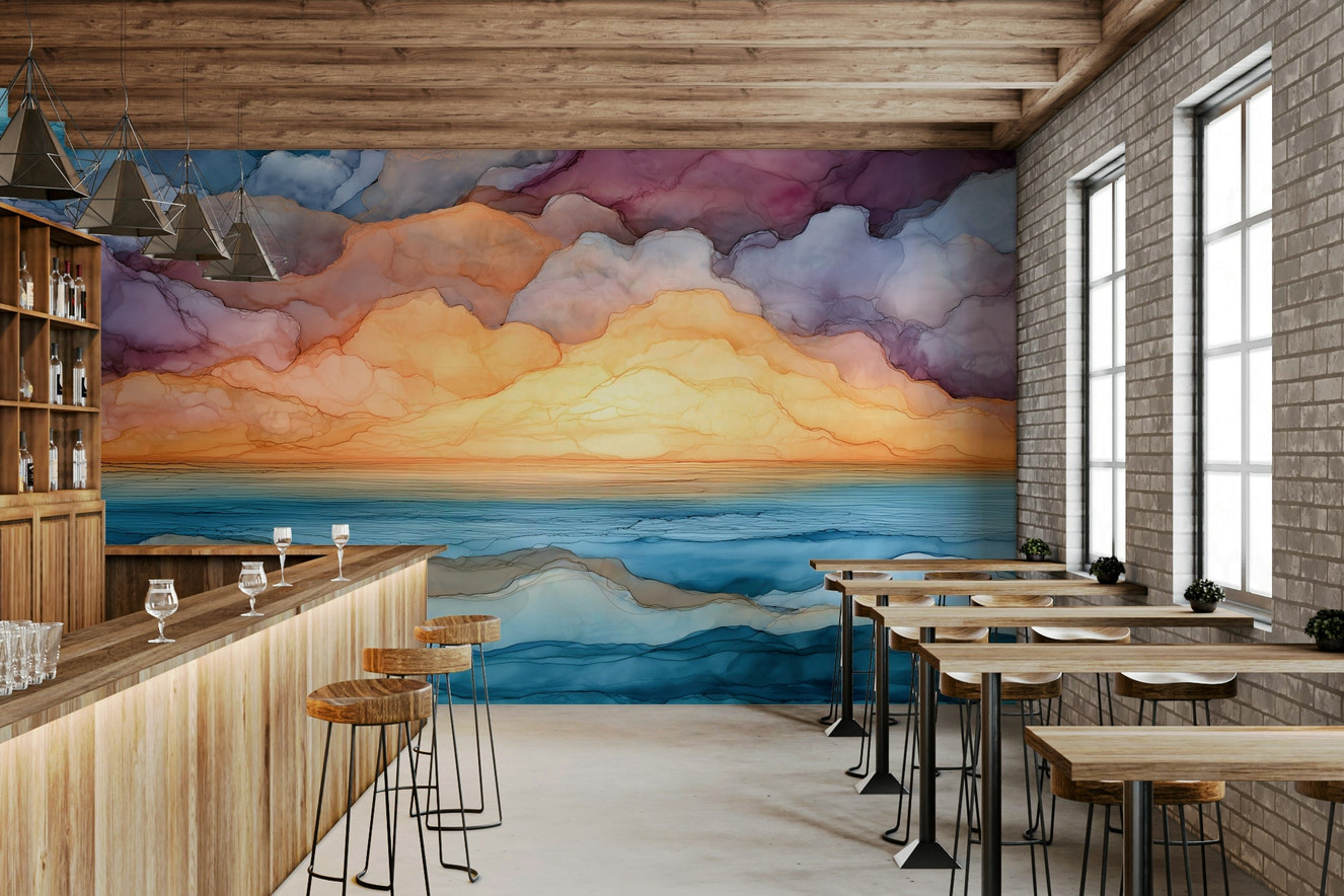 Fluid landscape wall mural with sunset hues
