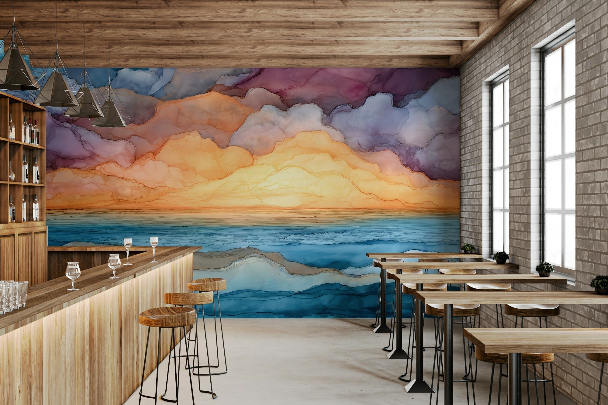 Fluid landscape wall mural with sunset hues, GD2393