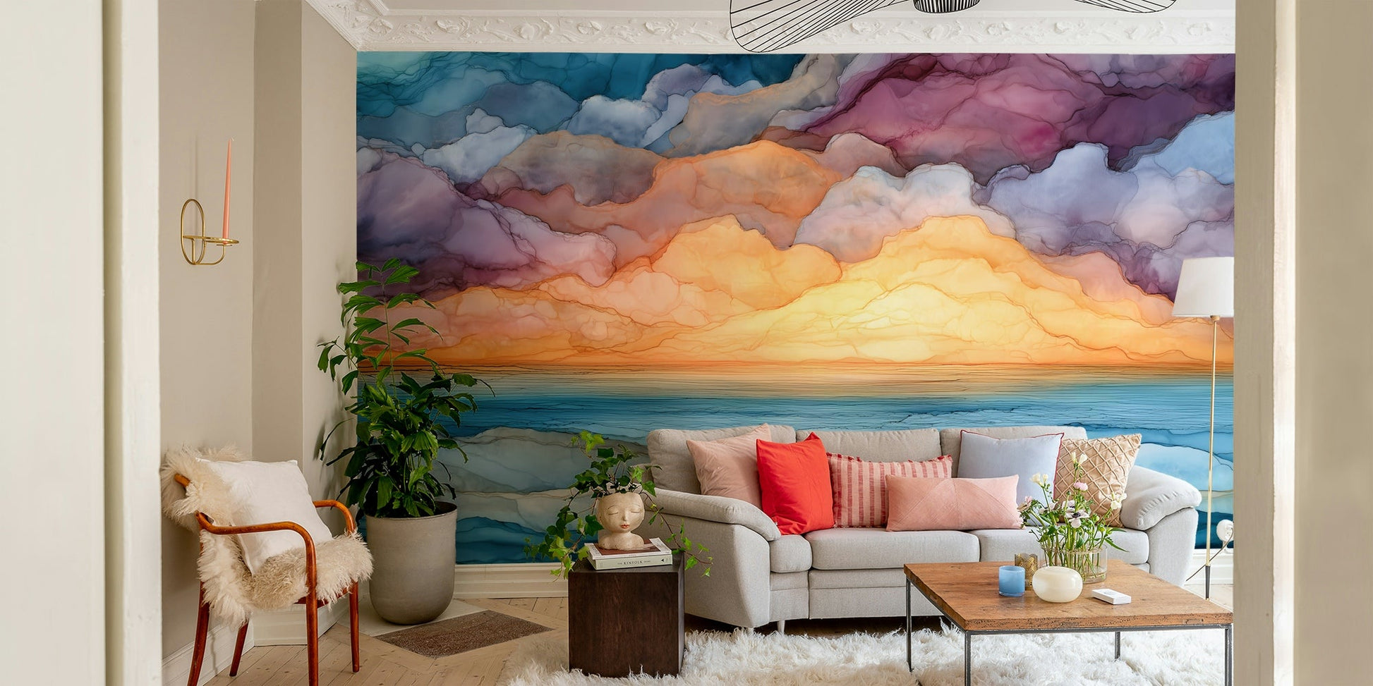 Sunset-inspired mural with fluid lines
