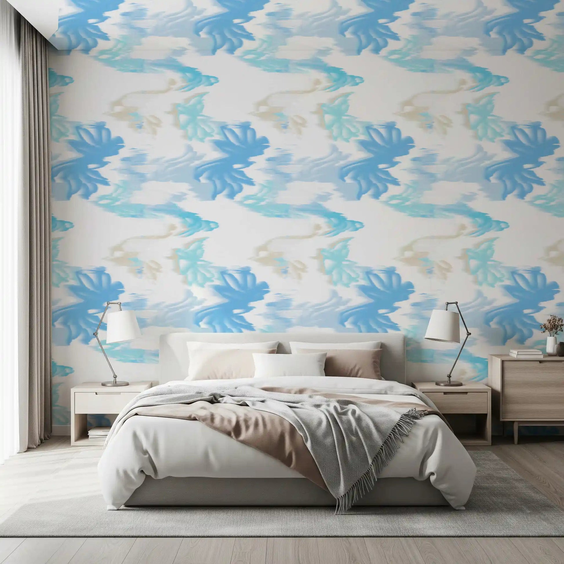 Bedroom wall featuring Fluid Serenity wallpaper with smooth blue flow
